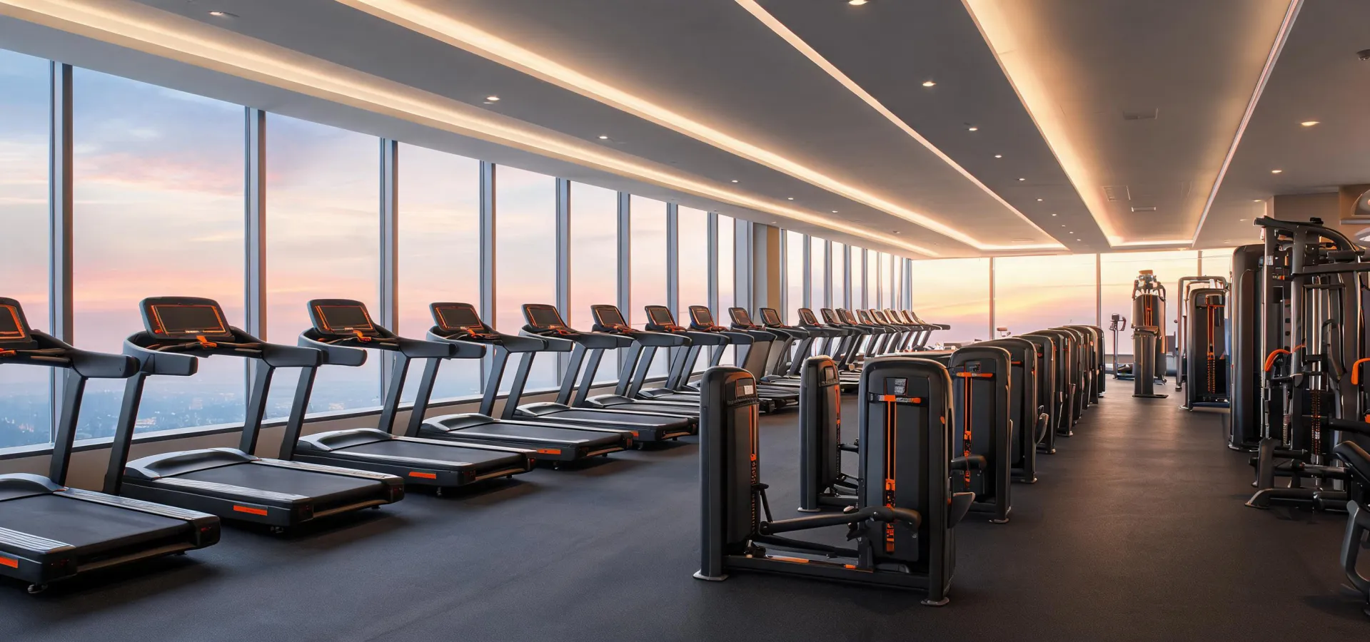 Commercial fitness floor with cardio and strength zones